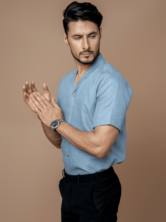 Formal Half Sleeves Linen Shirt With Cuban Collar