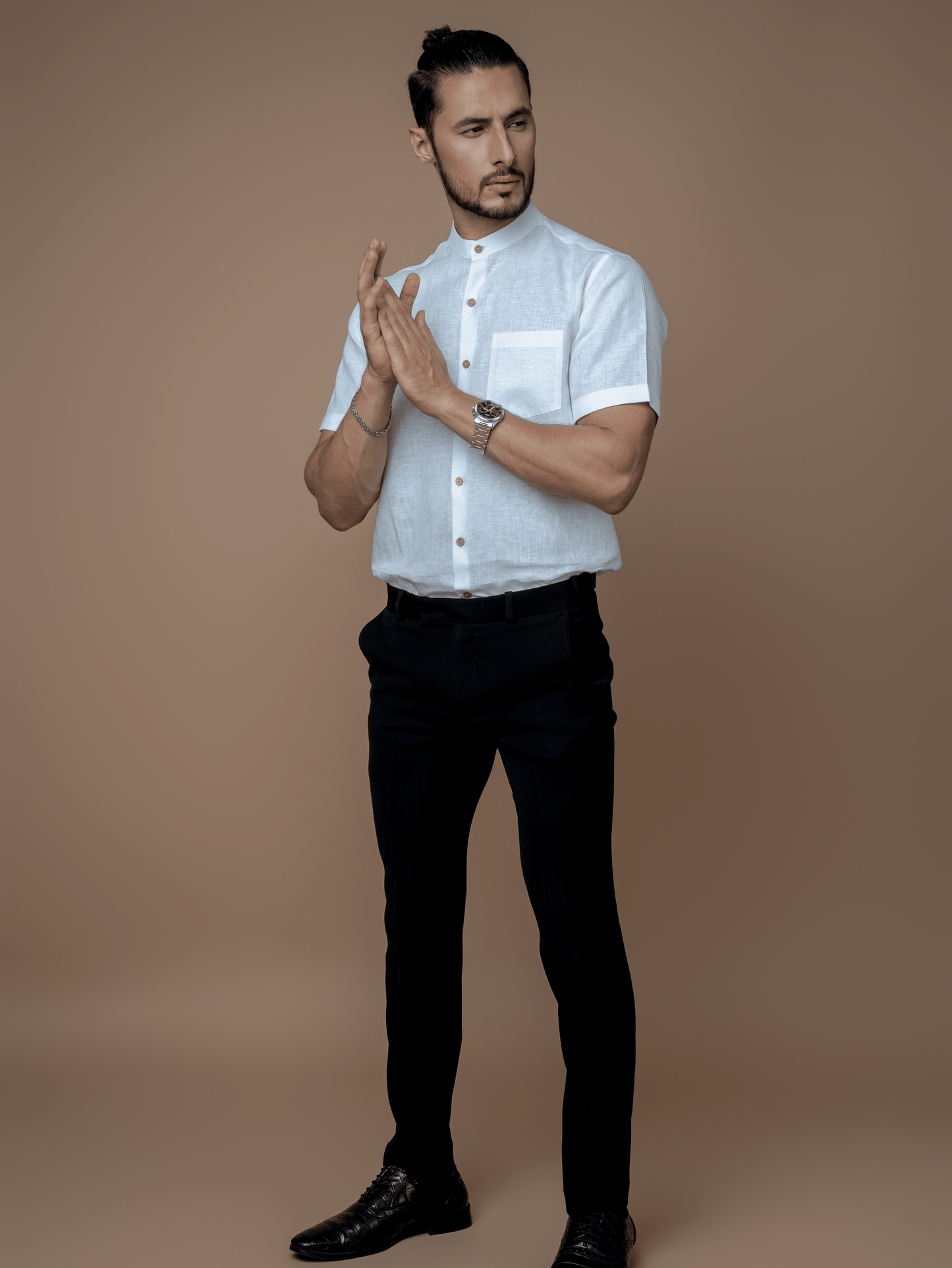 Formal Half Sleeves Linen Shirt With Mandarin Collar