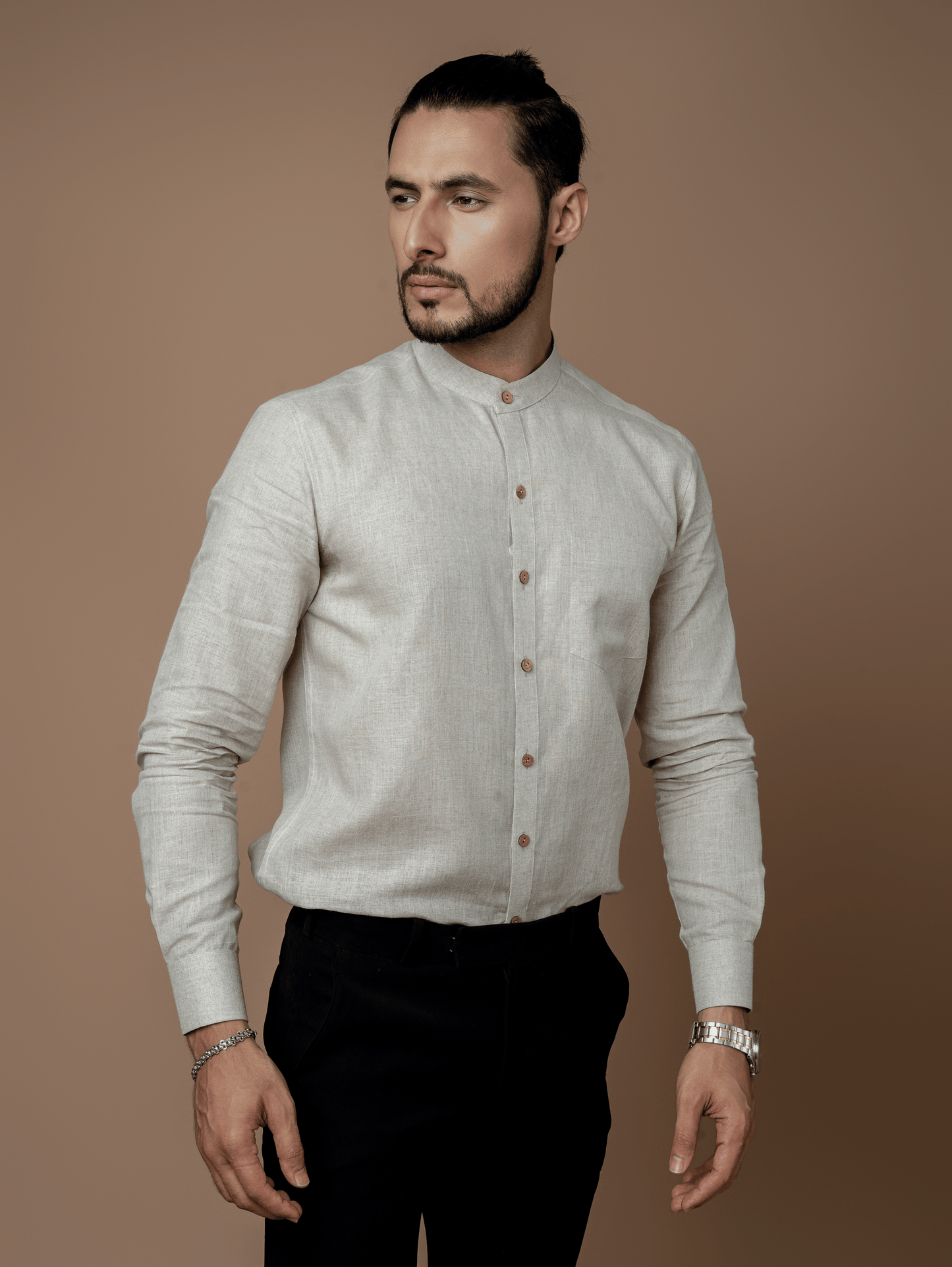 Formal Full Sleeves Linen Shirt With Mandarin Collar