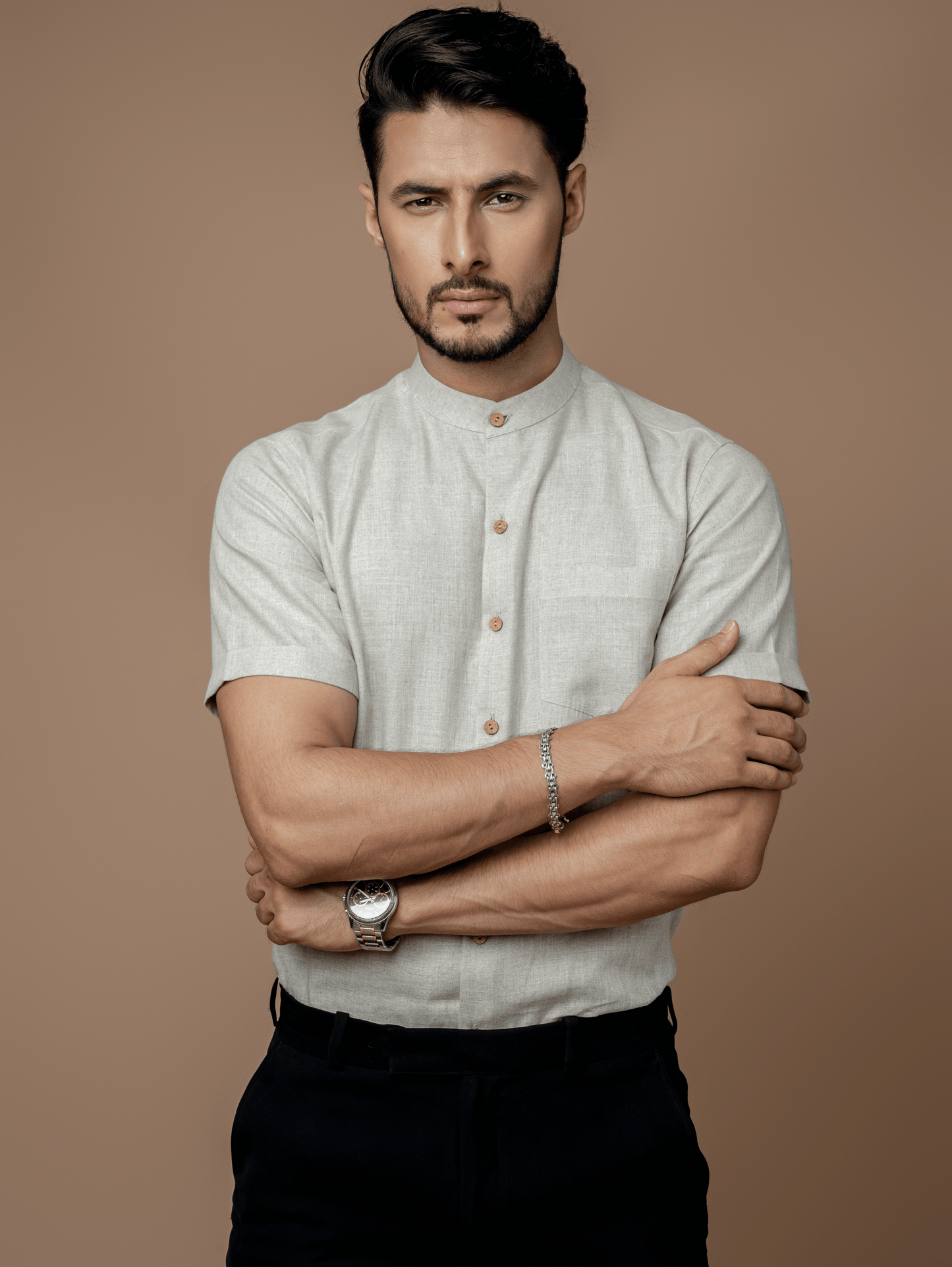 Formal Half Sleeves Linen Shirt With Mandarin Collar