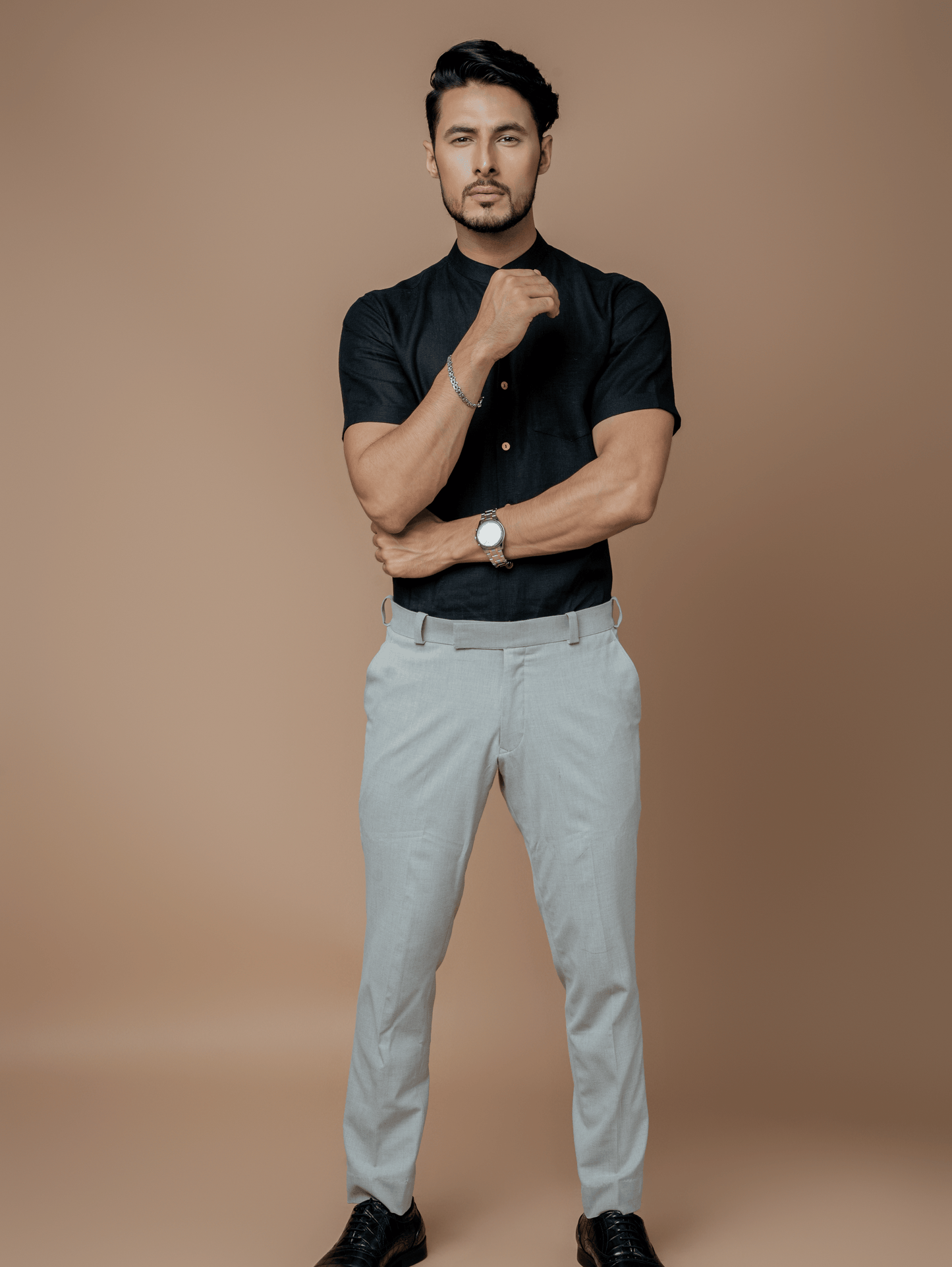 Formal Half Sleeves Linen Shirt With Mandarin Collar