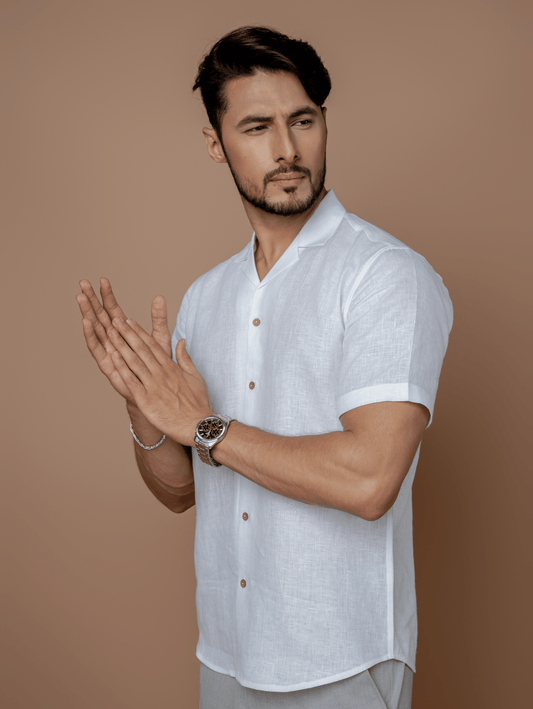 Formal Half Sleeves Linen Shirt With Cuban Collar