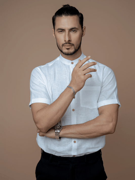 Formal Half Sleeves Linen Shirt With Mandarin Collar