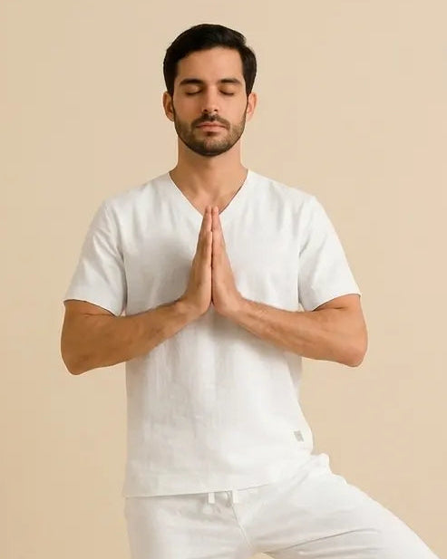 V-Neck Organic Cotton Yoga T-Shirt for Men - Tree Pose