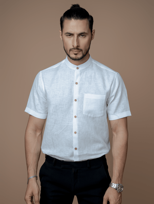 Formal Half Sleeves Linen Shirt With Mandarin Collar