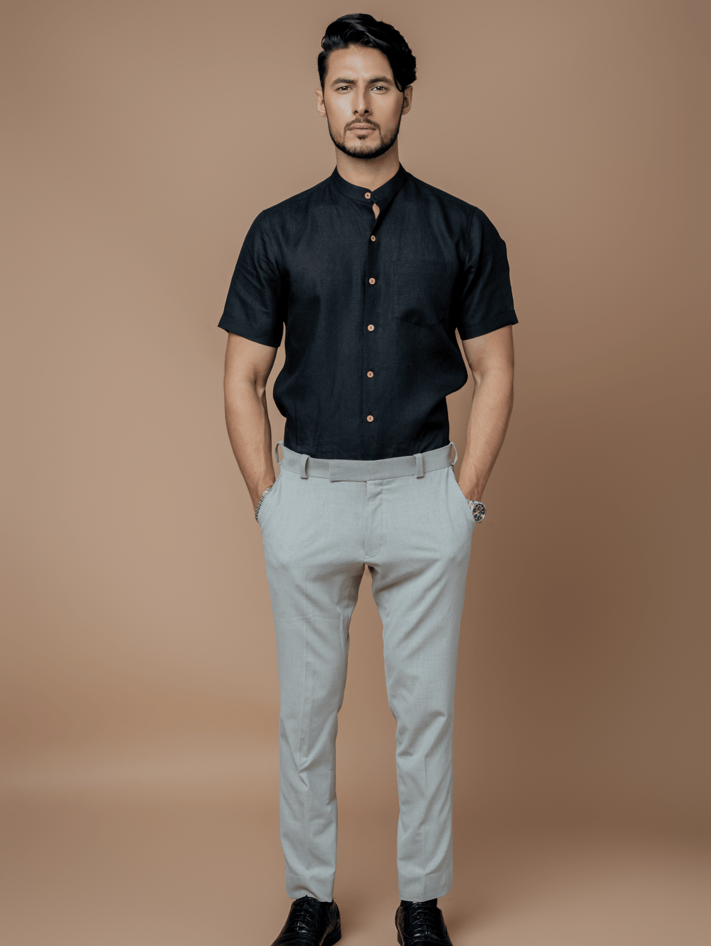 Formal Half Sleeves Linen Shirt With Mandarin Collar