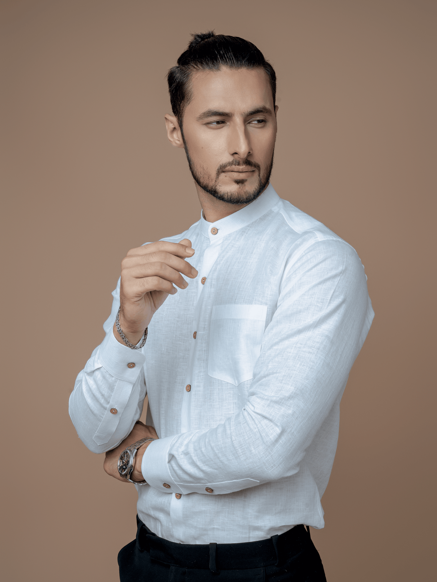 Formal Full Sleeves Linen Shirt With Mandarin Collar