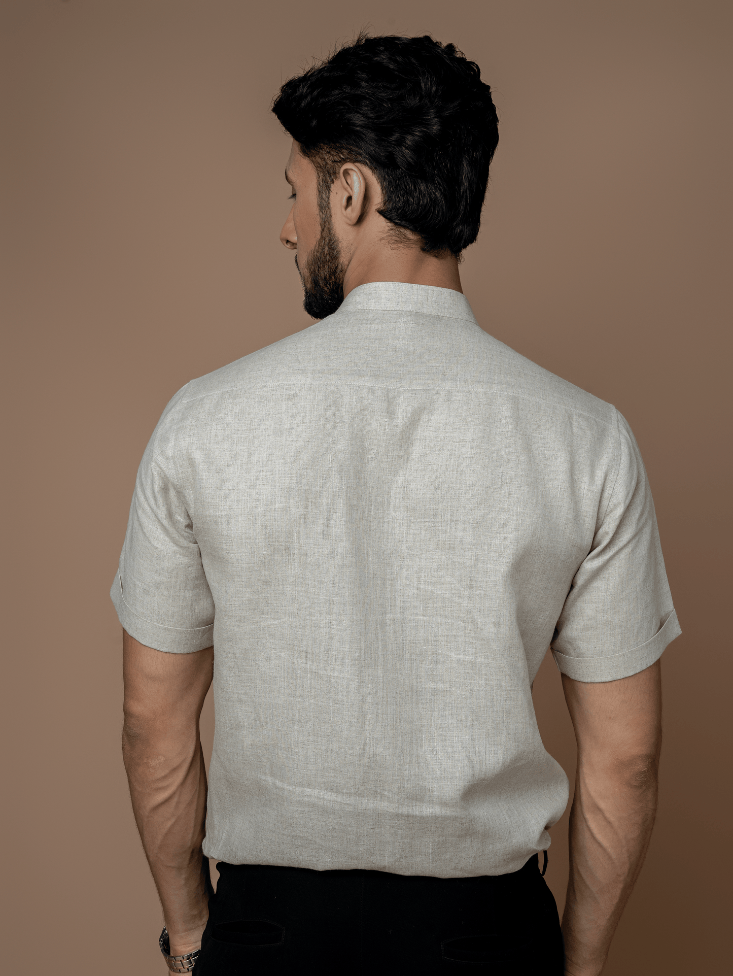 Formal Half Sleeves Linen Shirt With Mandarin Collar