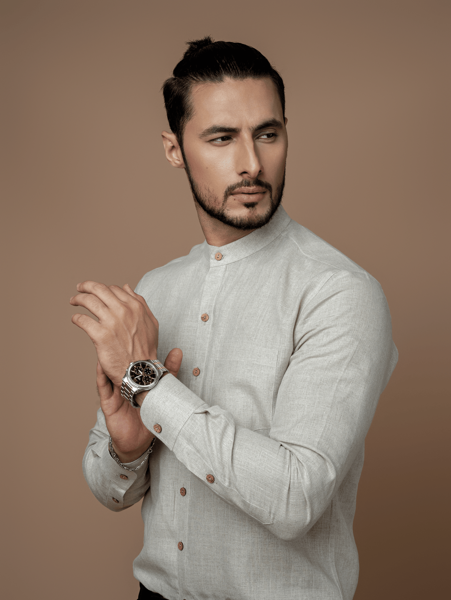 Formal Full Sleeves Linen Shirt With Mandarin Collar