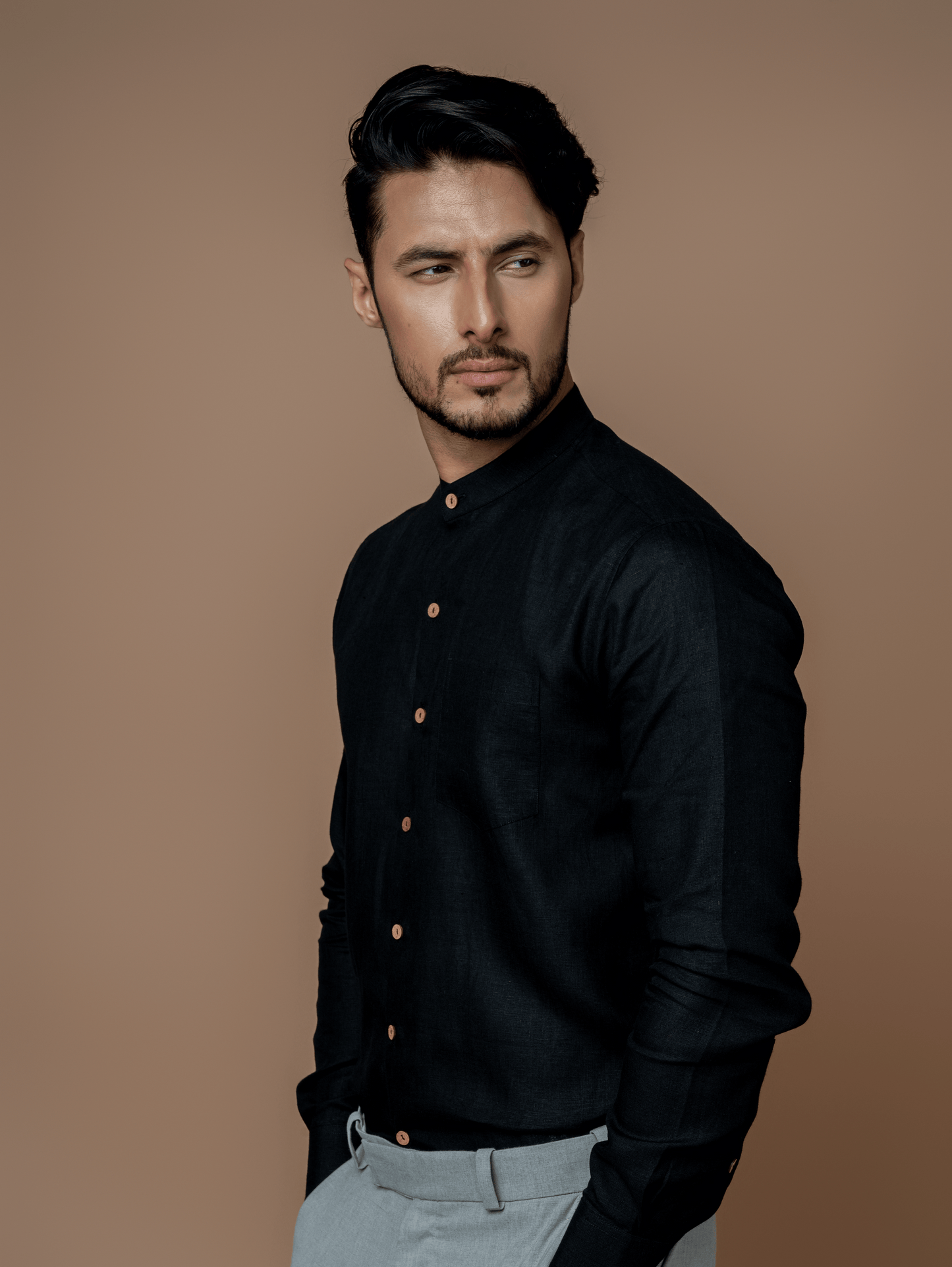 Formal Full Sleeves Linen Shirt With Mandarin Collar