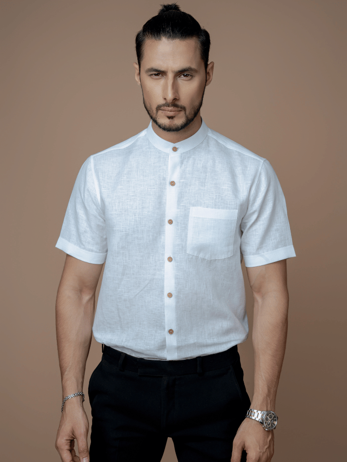 Formal Half Sleeves Linen Shirt With Mandarin Collar