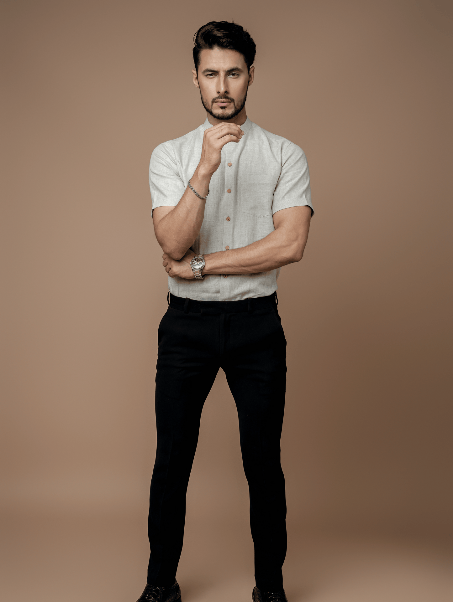 Formal Half Sleeves Linen Shirt With Mandarin Collar