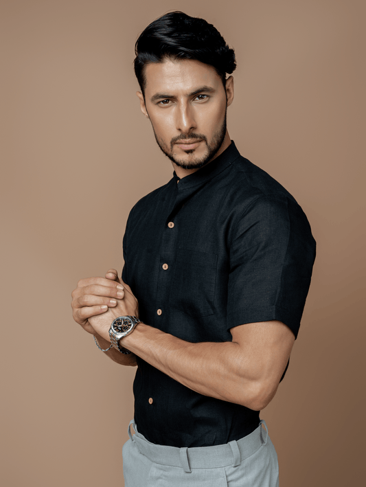 Formal Half Sleeves Linen Shirt With Mandarin Collar