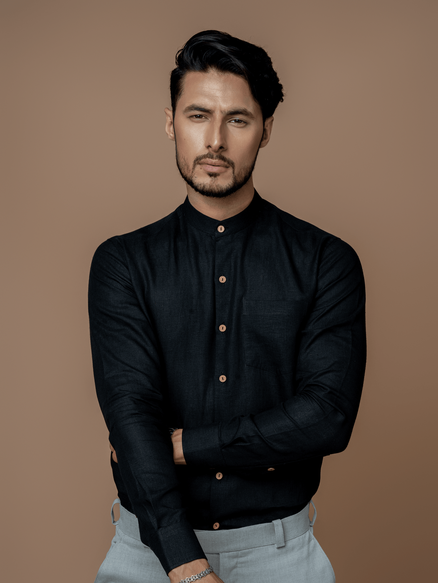 Formal Full Sleeves Linen Shirt With Mandarin Collar