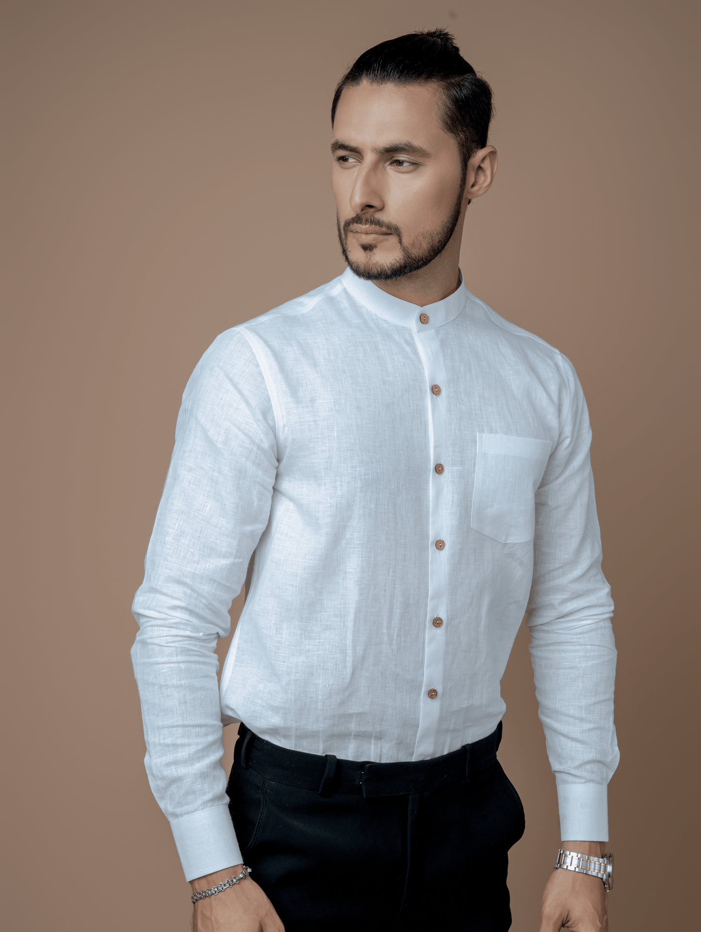 Formal Full Sleeves Linen Shirt With Mandarin Collar