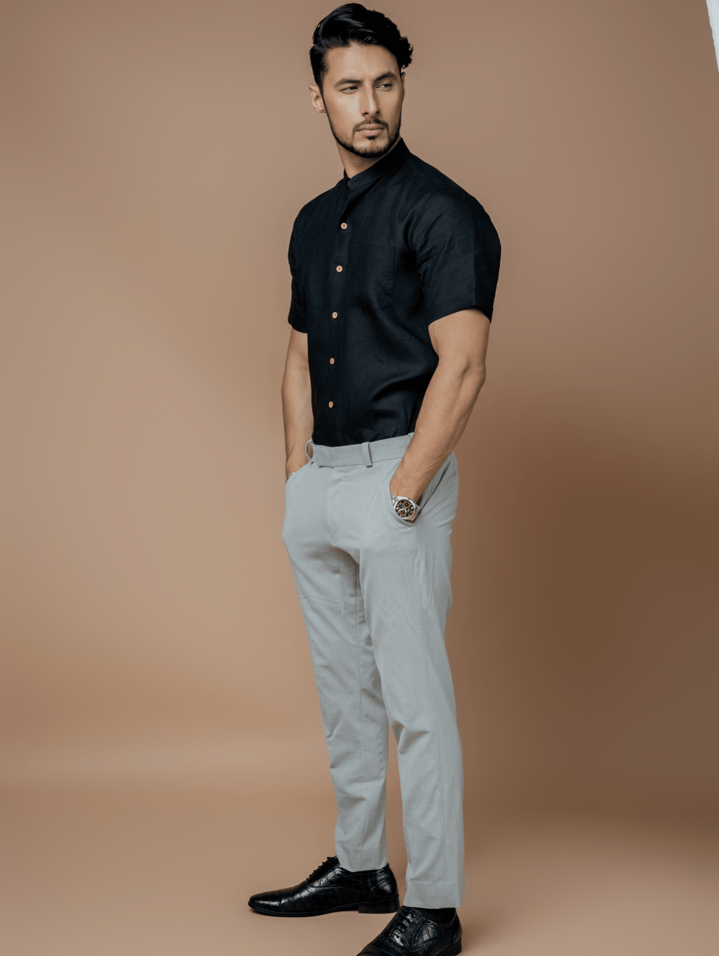 Formal Half Sleeves Linen Shirt With Mandarin Collar