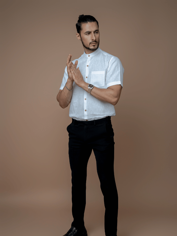 Formal Half Sleeves Linen Shirt With Mandarin Collar