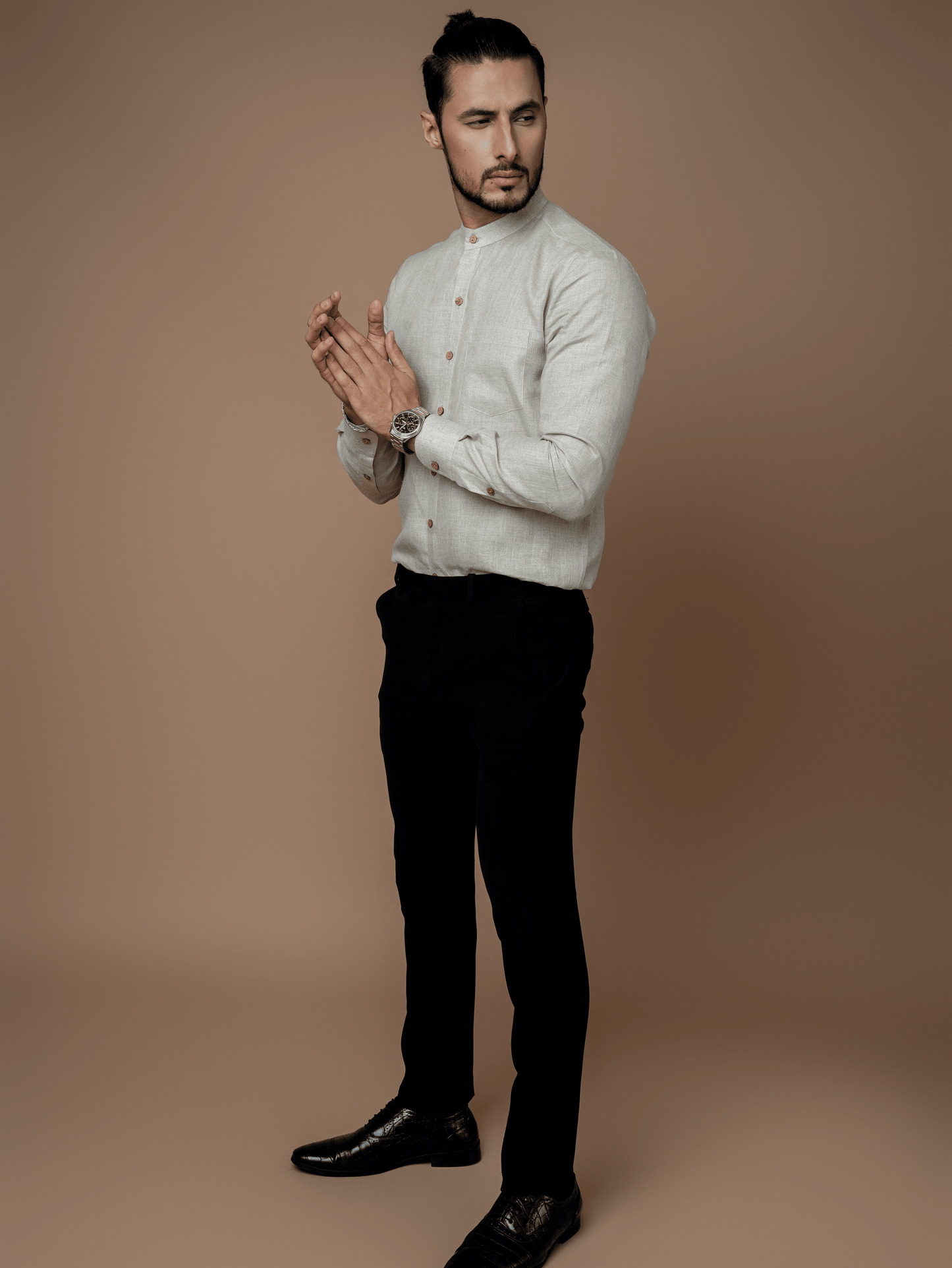 Formal Full Sleeves Linen Shirt With Mandarin Collar