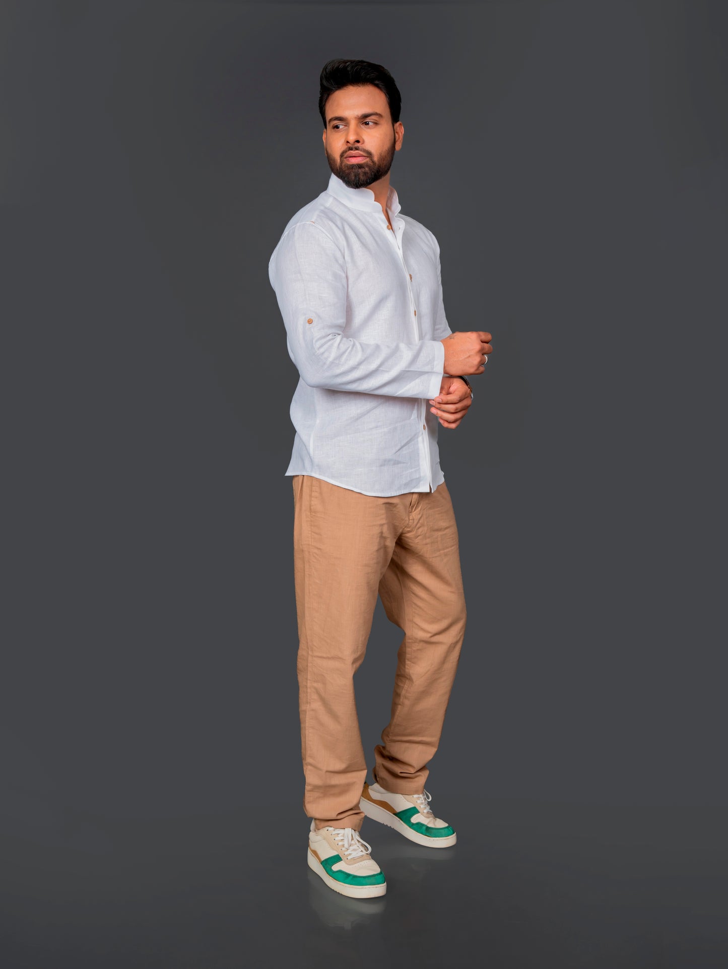 Linen Shirt With Double Mandarin Collar Roll Up Sleeve With Tab