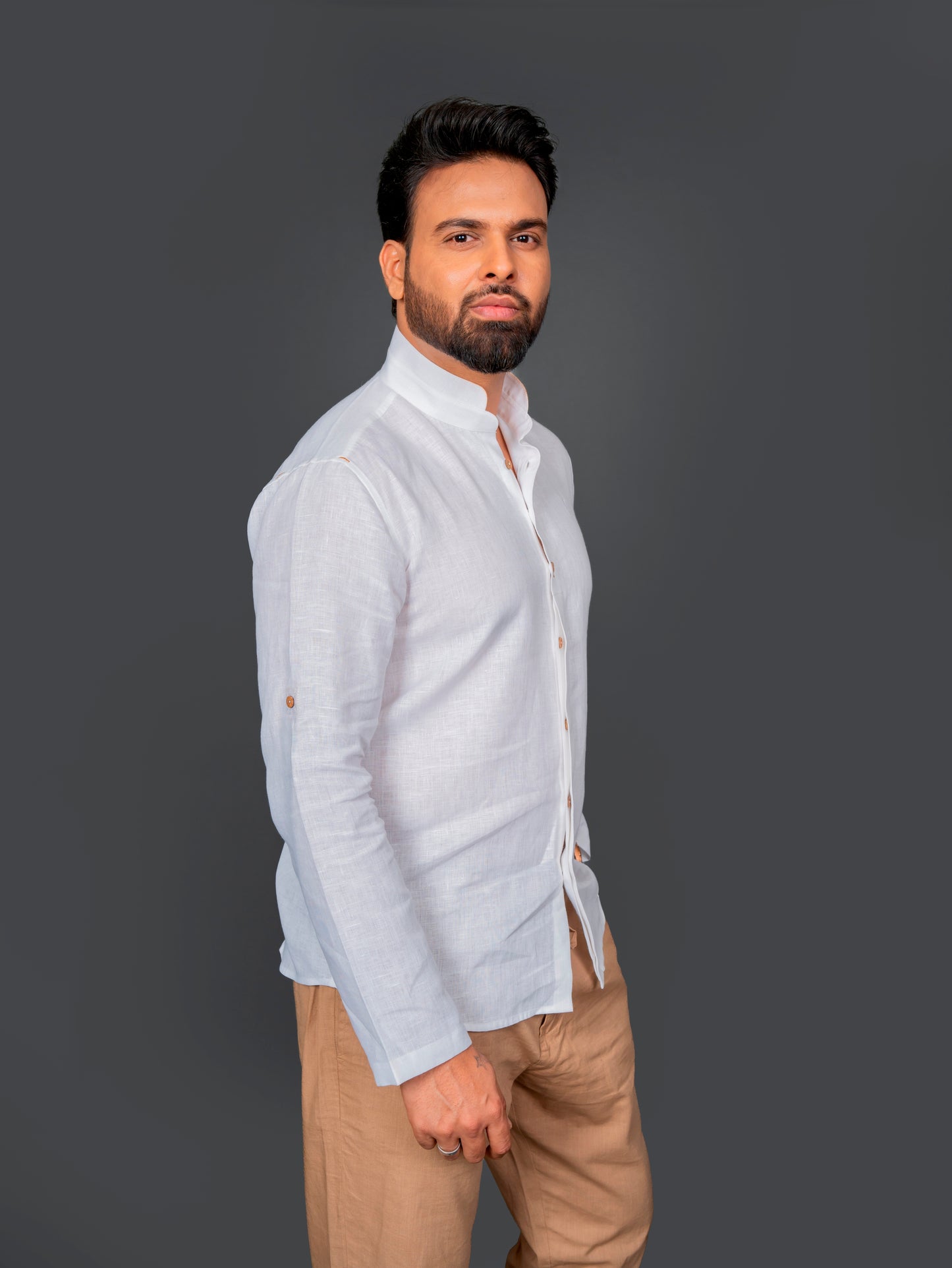 Linen Shirt With Double Mandarin Collar Roll Up Sleeve With Tab
