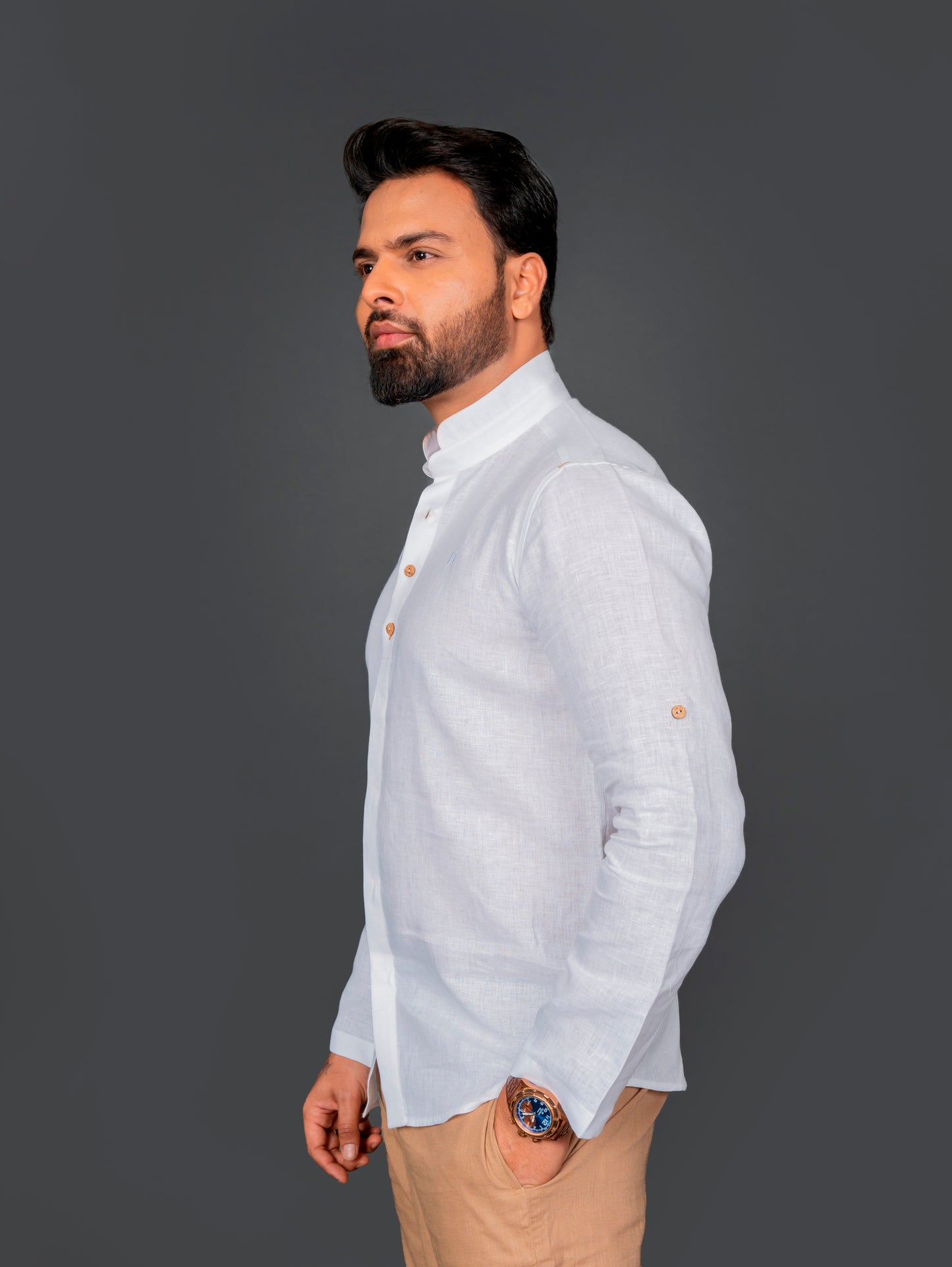 Linen Shirt With Double Mandarin Collar Roll Up Sleeve With Tab