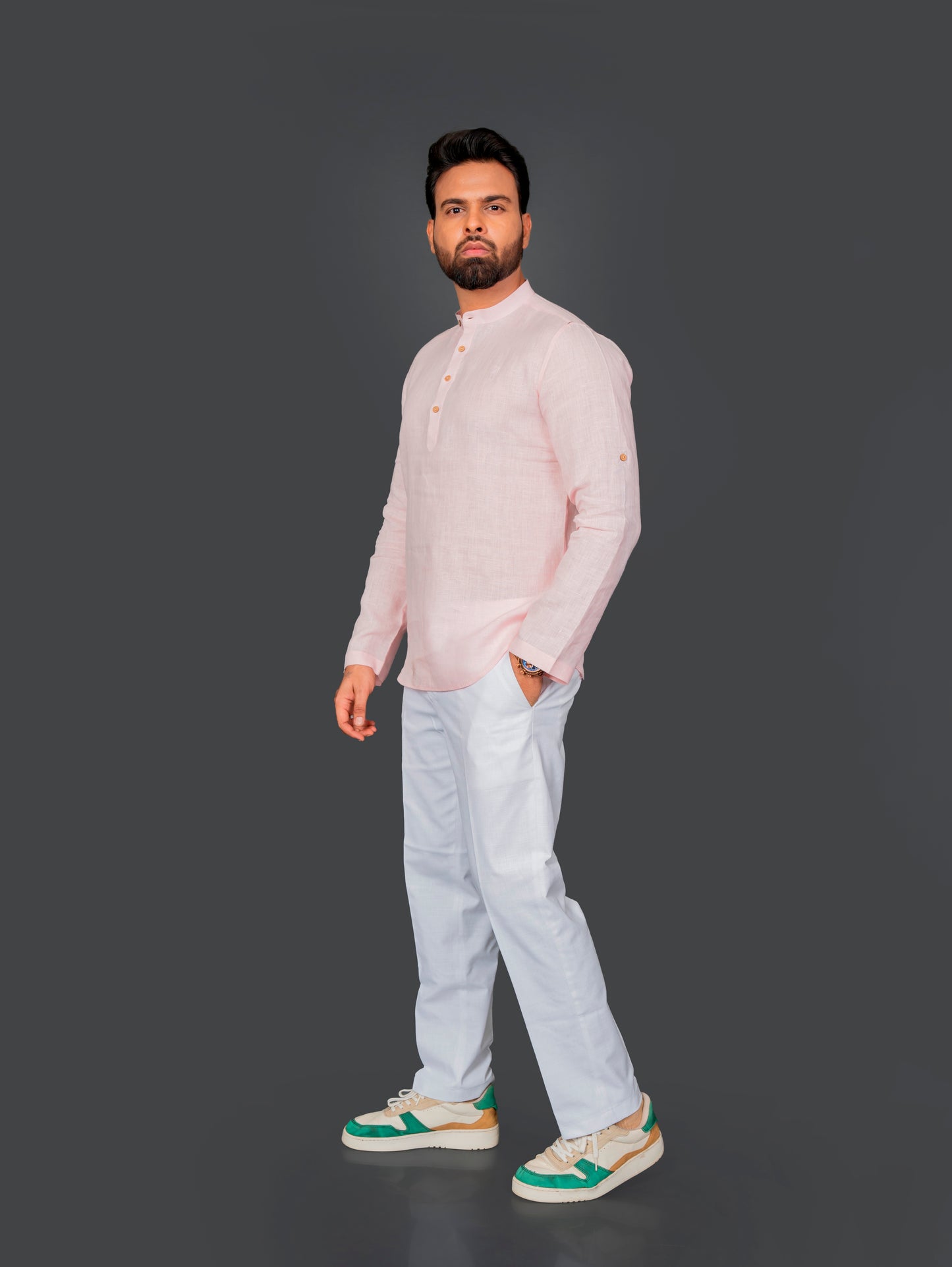 Linen Half Packet Shirt Roll Up Sleeve With Tab & Band Collar