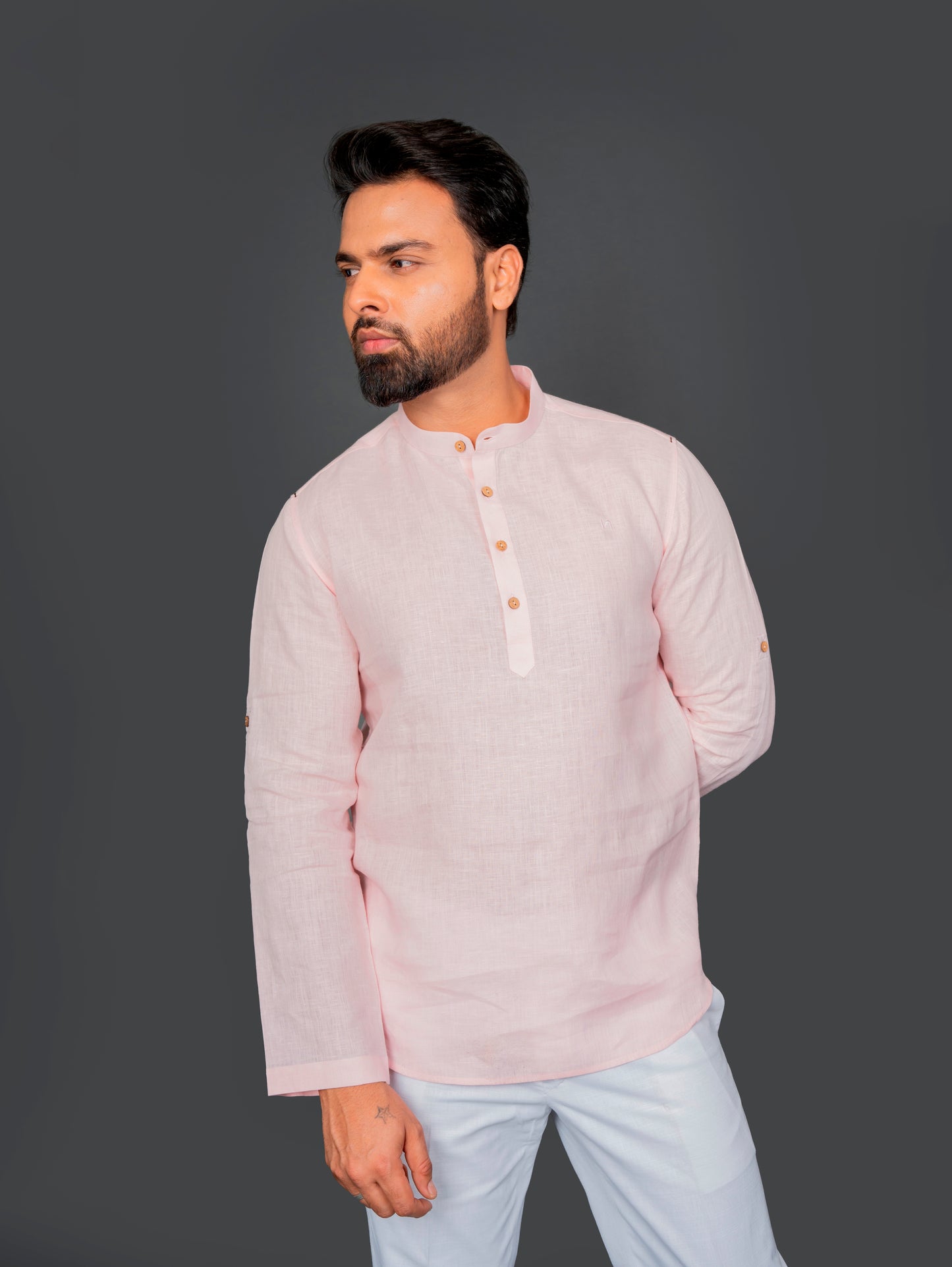Linen Half Packet Shirt Roll Up Sleeve With Tab & Band Collar
