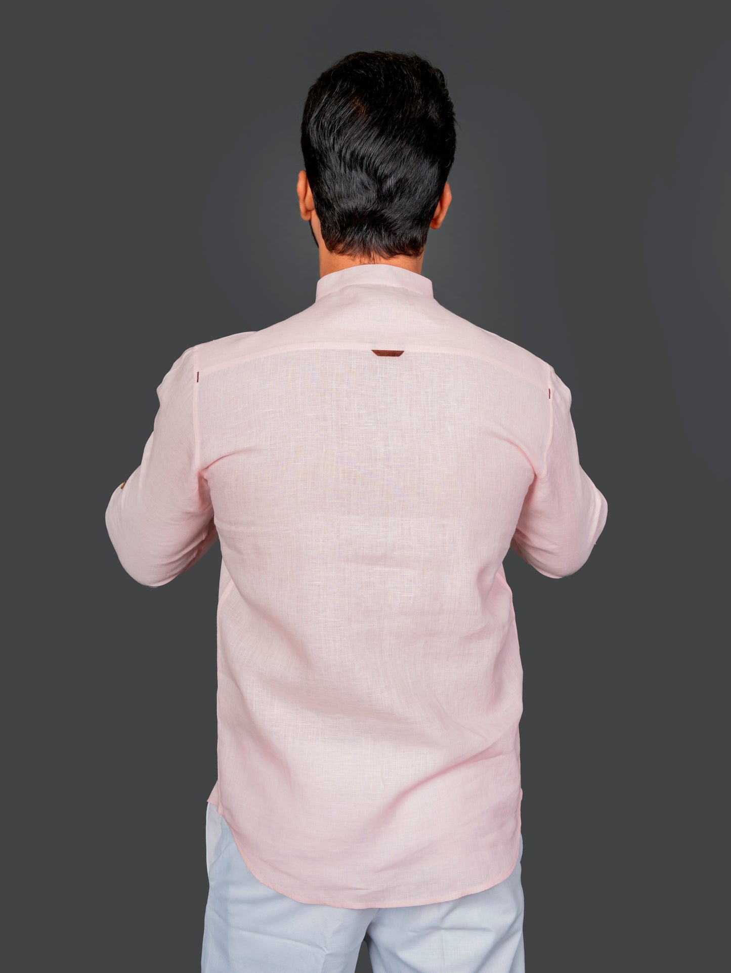 Linen Half Packet Shirt Roll Up Sleeve With Tab & Band Collar