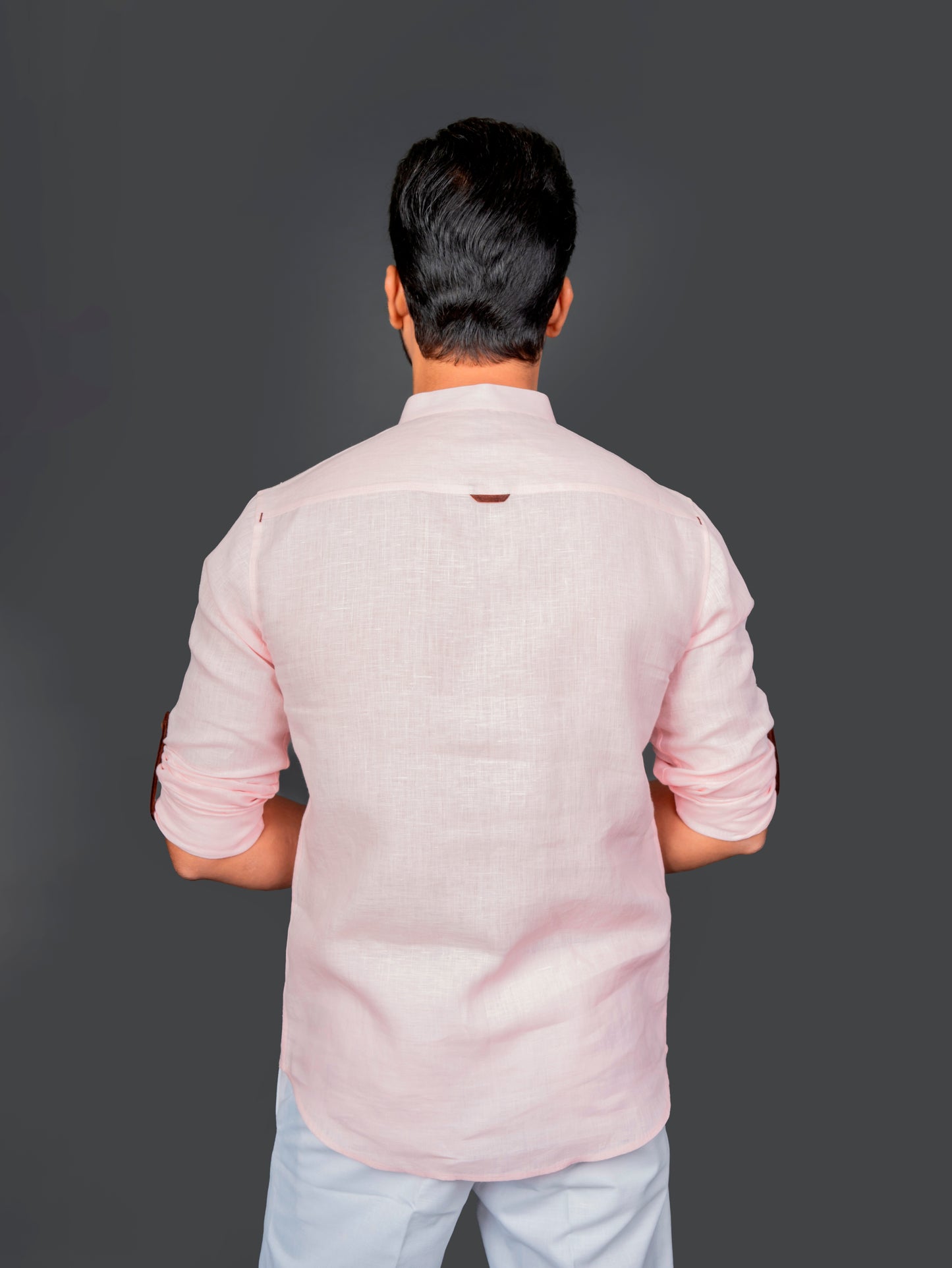 Linen Half Packet Shirt Roll Up Sleeve With Tab & Band Collar