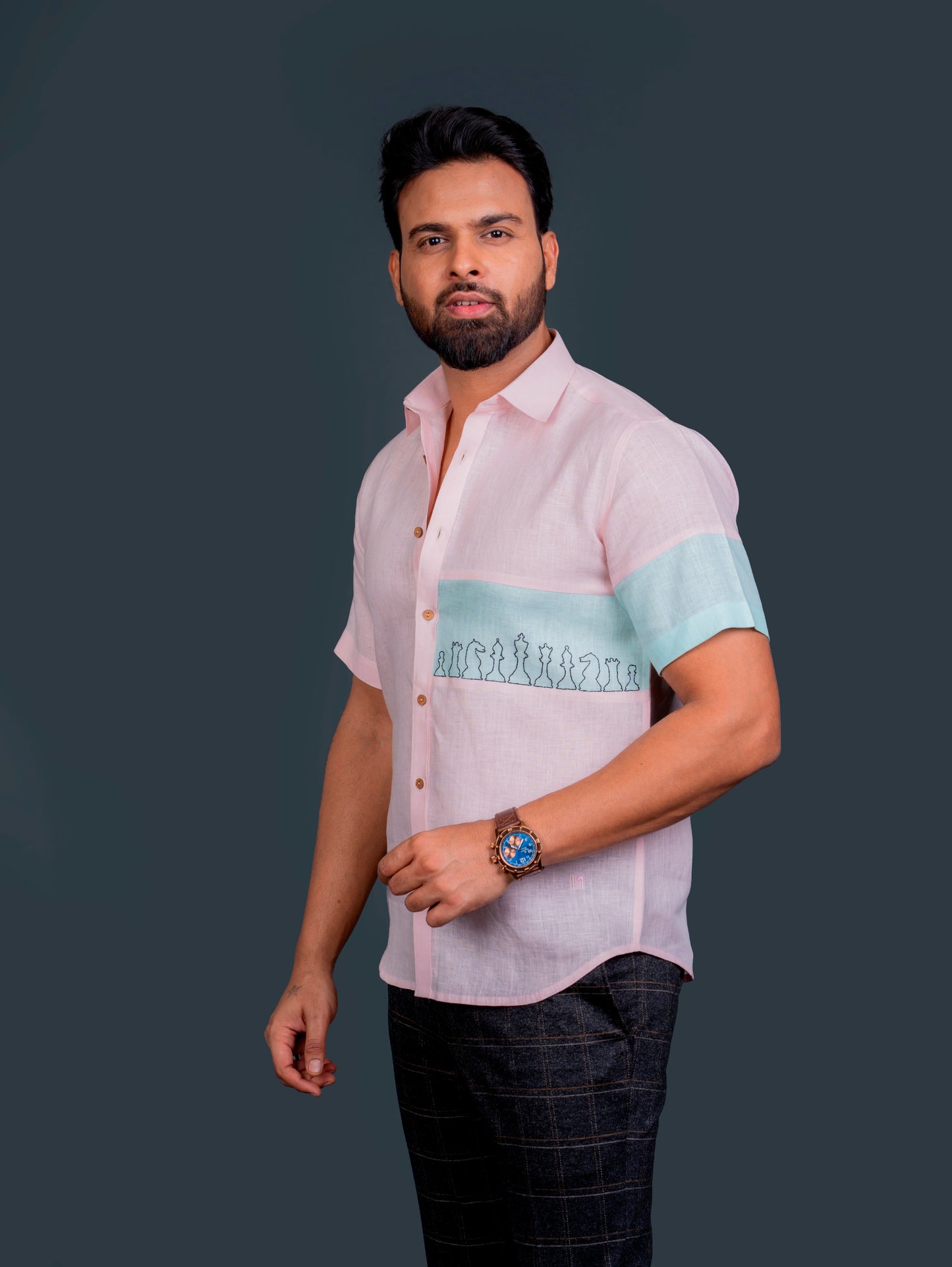 Linen Half Sleeves Shirt With Hand Embroidery On Colour Block