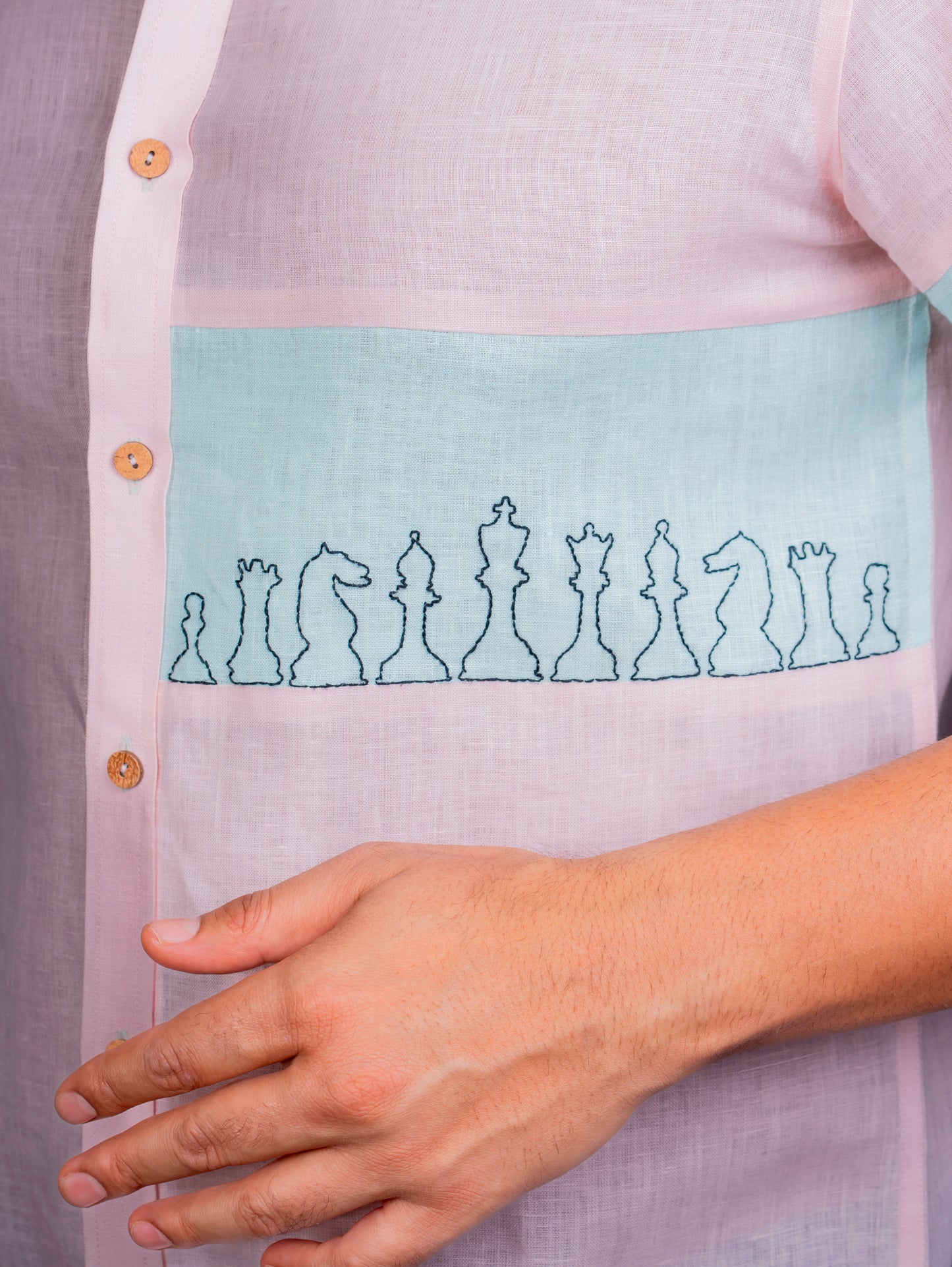 Linen Half Sleeves Shirt With Hand Embroidery On Colour Block