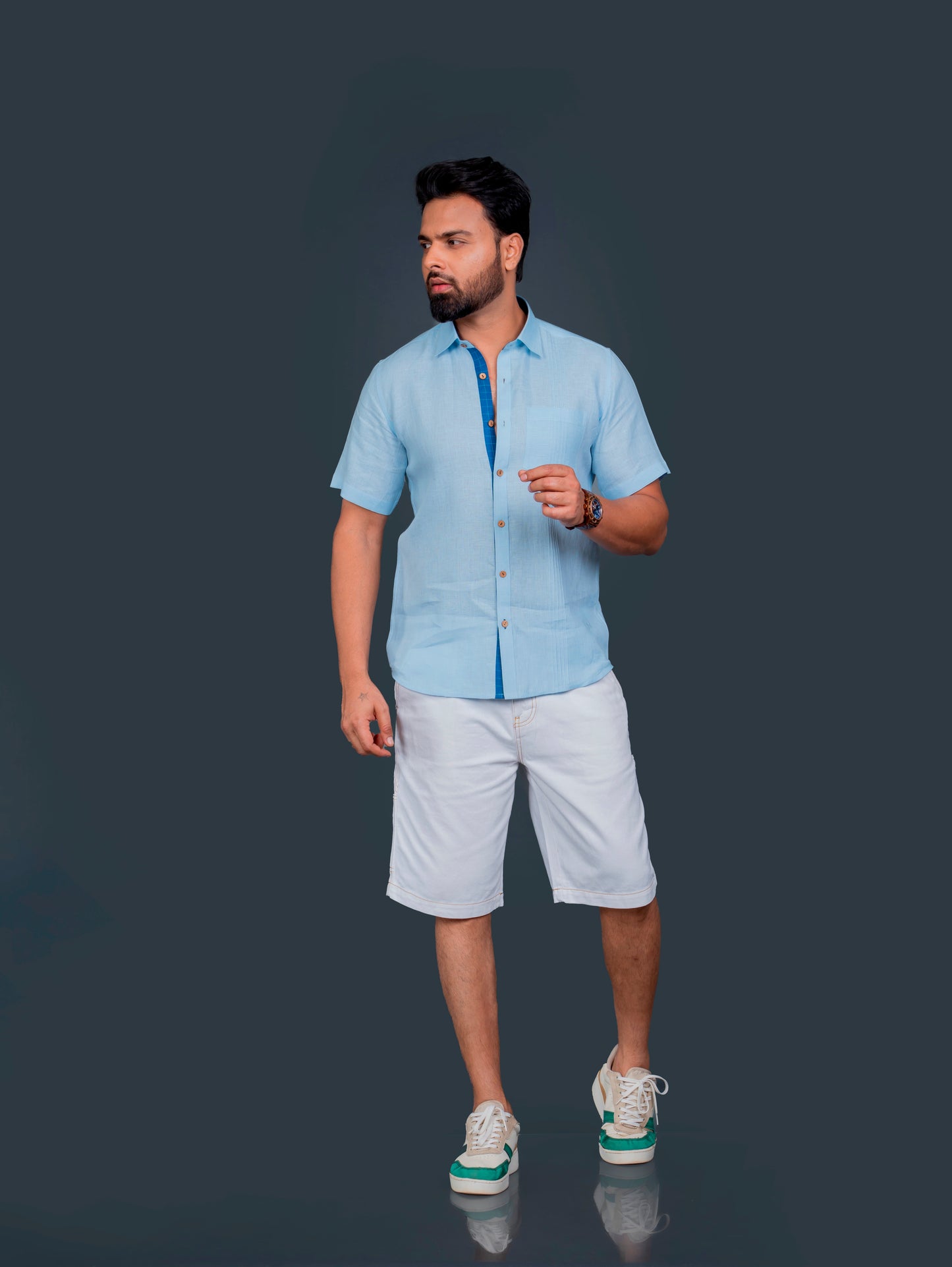 Linen Half Sleeves Shirt Pin Tuck Detailing With Hand Embroidery At Back