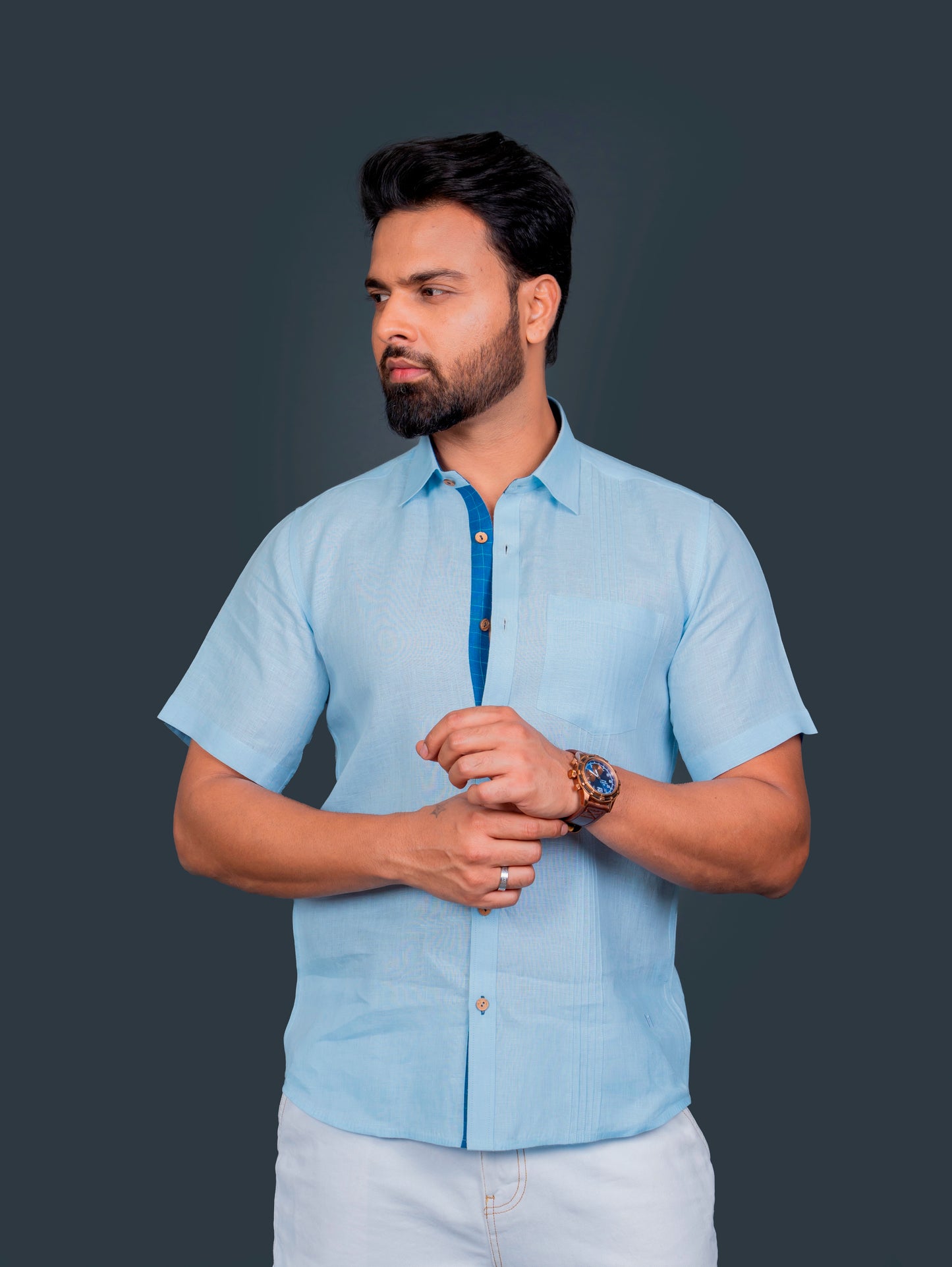 Linen Half Sleeves Shirt Pin Tuck Detailing With Hand Embroidery At Back