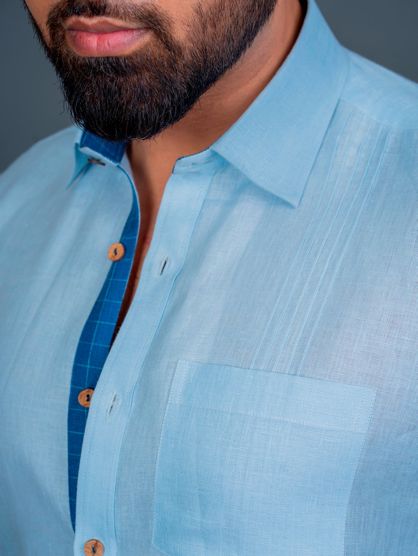 Linen Half Sleeves Shirt Pin Tuck Detailing With Hand Embroidery At Back