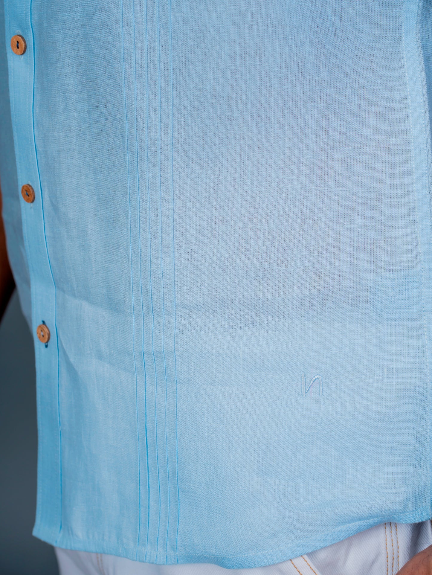 Linen Half Sleeves Shirt Pin Tuck Detailing With Hand Embroidery At Back