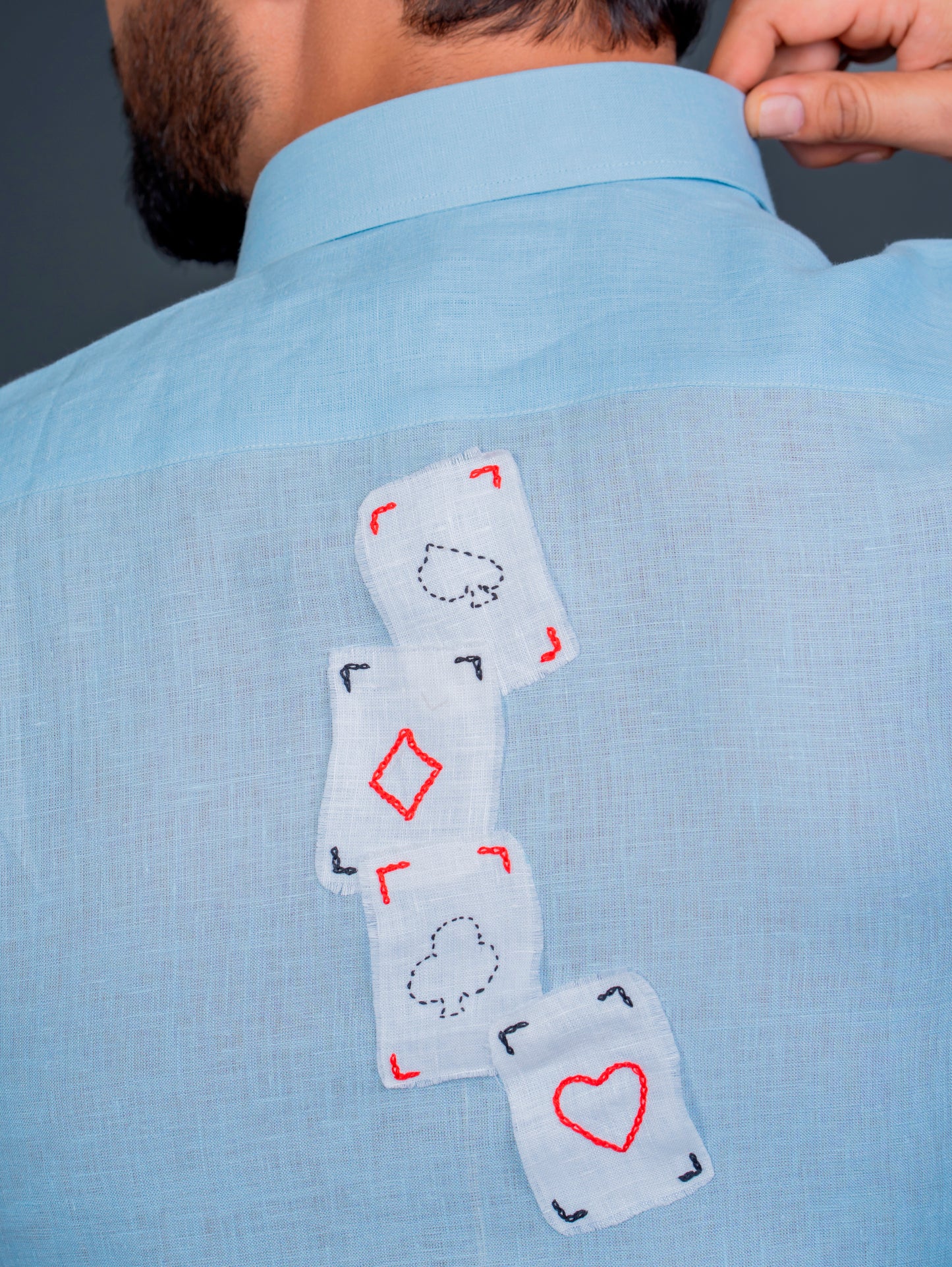 Linen Half Sleeves Shirt Pin Tuck Detailing With Hand Embroidery At Back