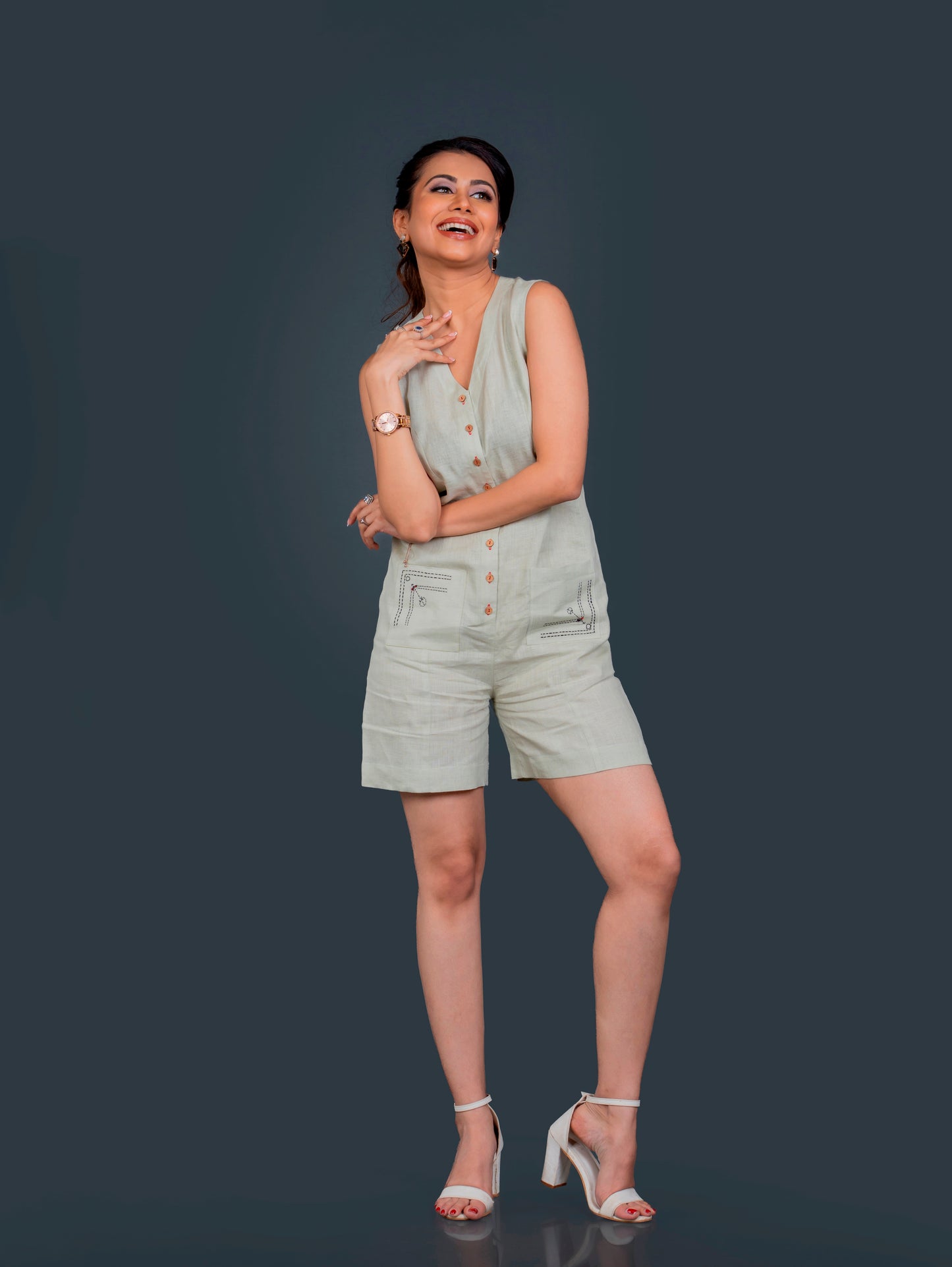 Linen Sleeveless Play Suit With Hand Embroidered Patch Pocket