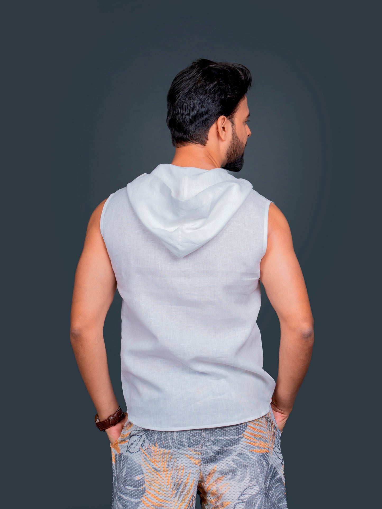Linen Sleeveless Hoodie With Hand Embroidery On Kangaroo Pocket