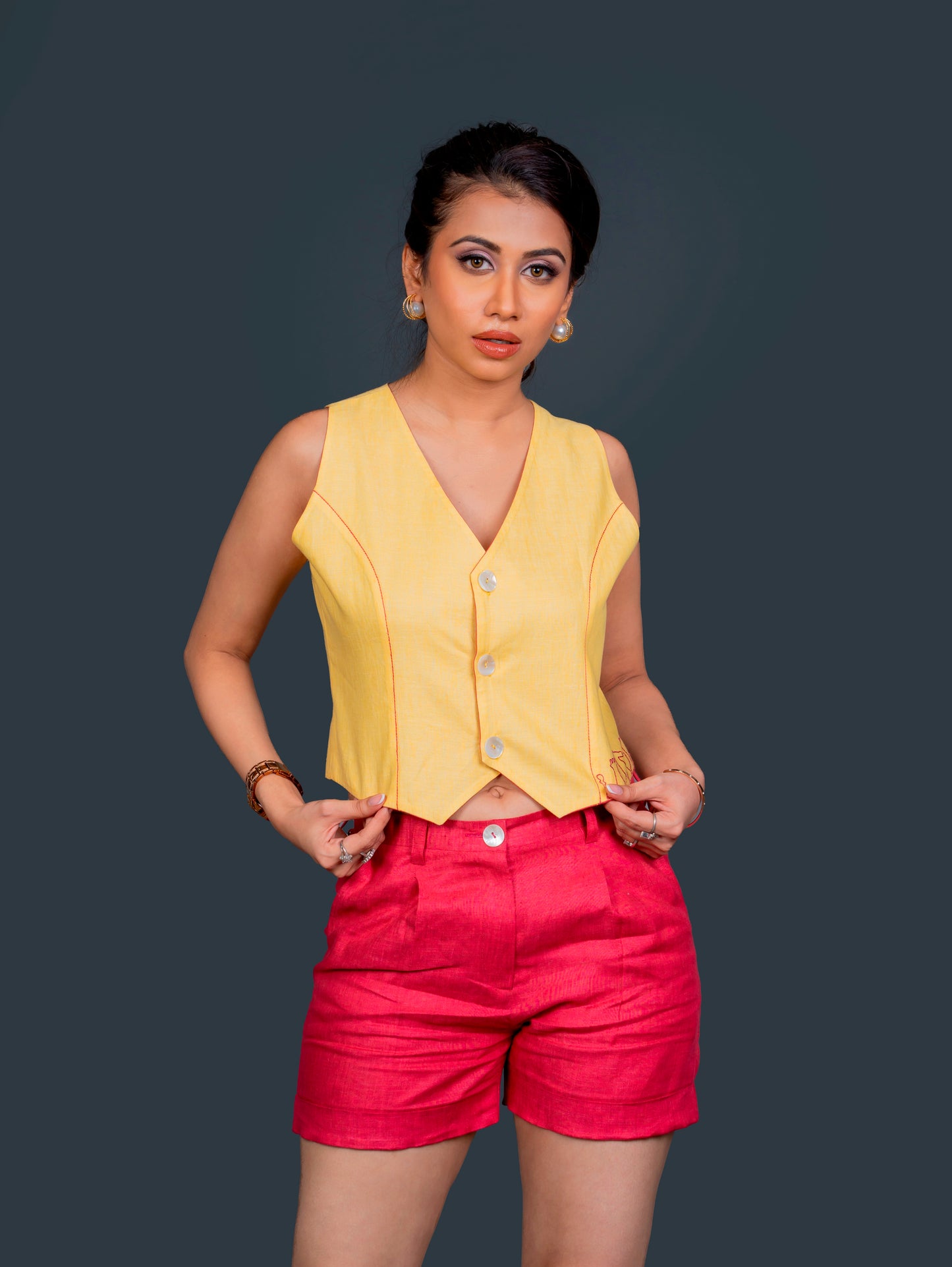 Co-Ord Set With Hand Embroidered Reversible Waist Coat