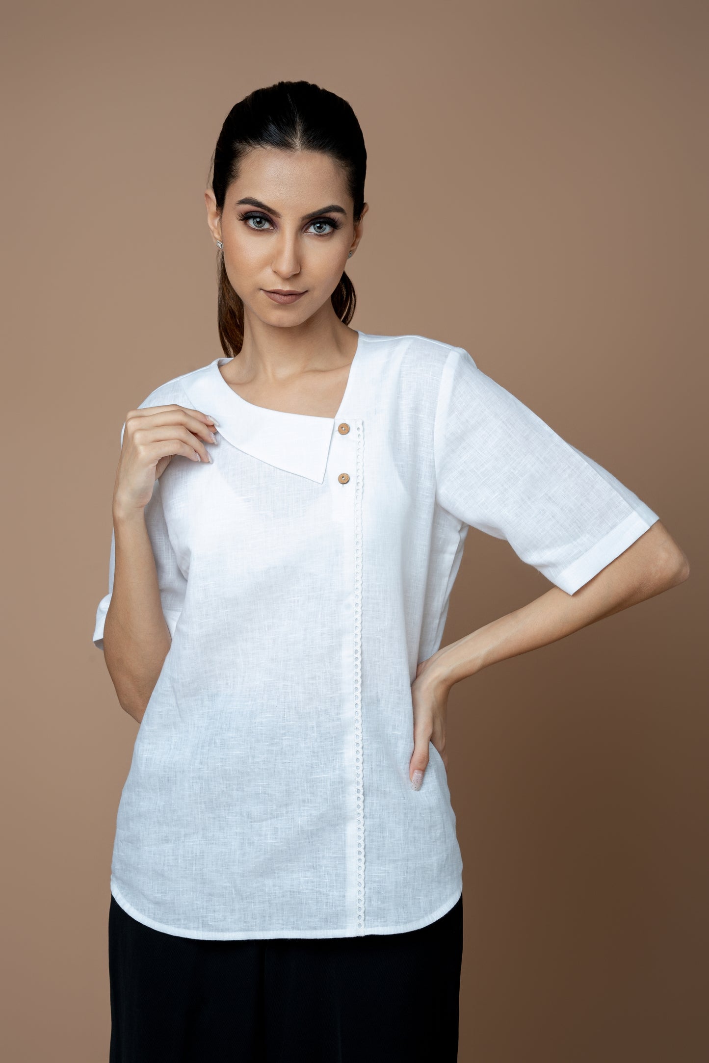 Formal Half Sleeves Top with Asymmetrical Collar