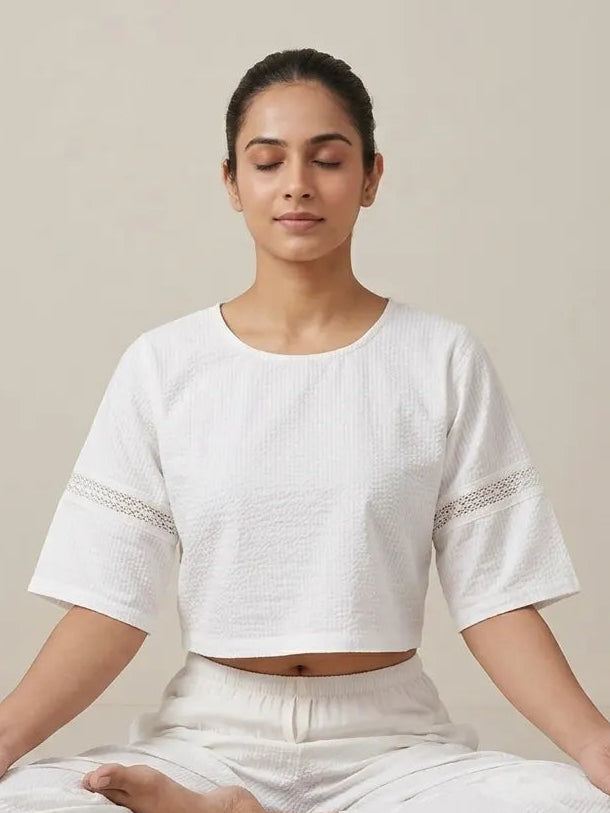 Woman Doing Yoga in Elbow Sleeve Yoga Top