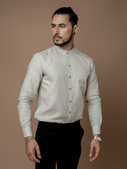 Formal Full Sleeves Linen Shirt With Mandarin Collar