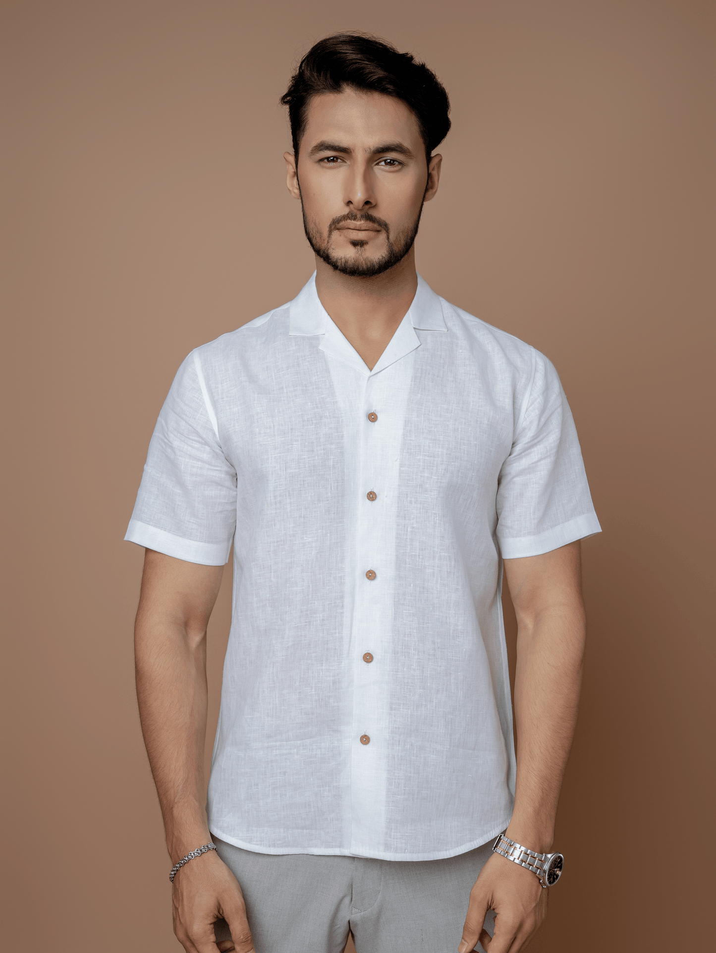 Formal Half Sleeves Linen Shirt With Cuban Collar