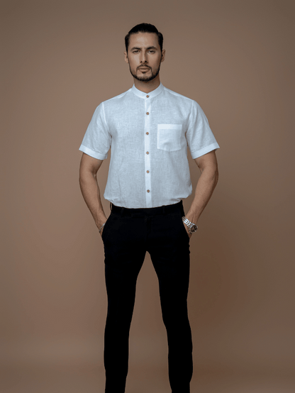 Formal Half Sleeves Linen Shirt With Mandarin Collar