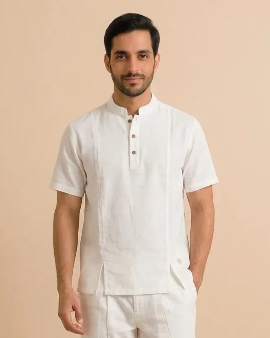 White Mandarin-Collar Cotton Yoga T-Shirt for Men