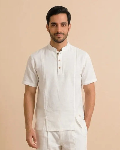 White Mandarin-Collar Cotton Yoga T-Shirt for Men
