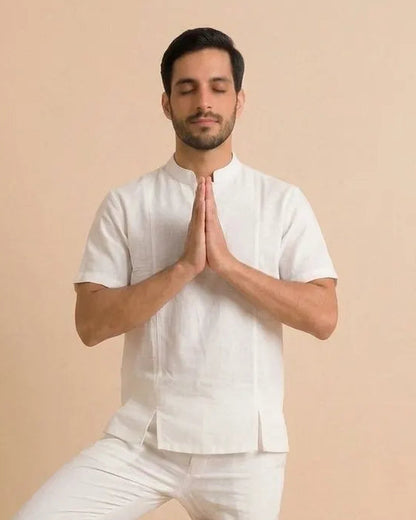 Mandarin-Collar Cotton Yoga T-Shirt for Men White Color