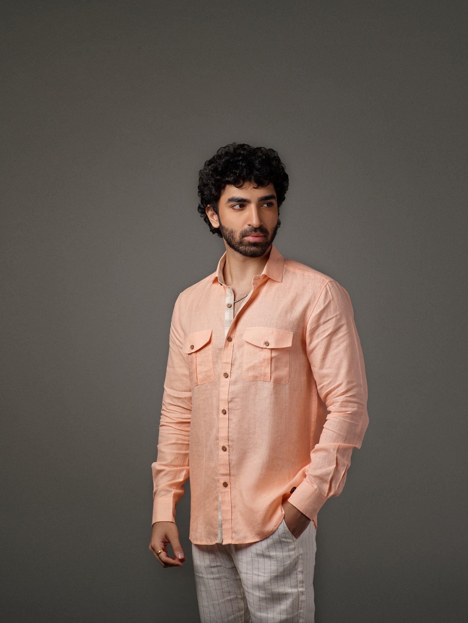 Formal Linen Pleated Pockets Button Down Linen Shirt Label