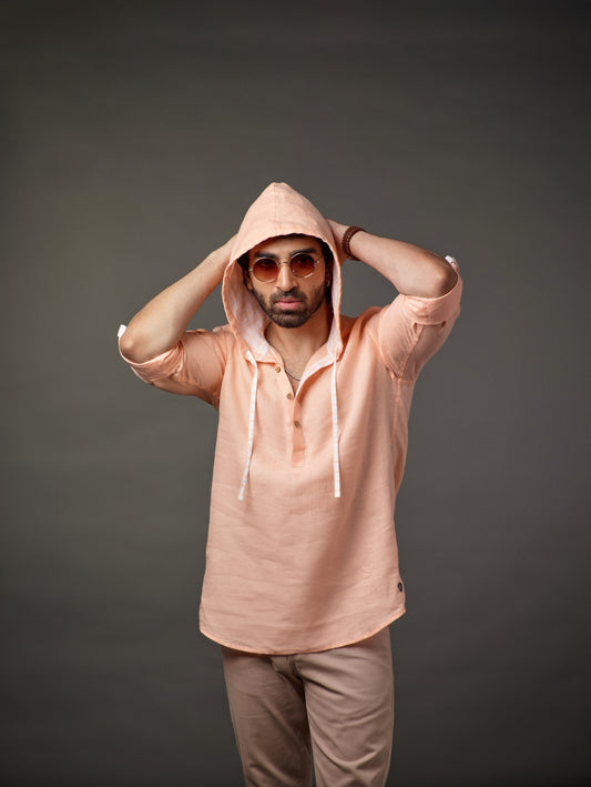 Linen Full-sleeve hoodie shirt with half placket