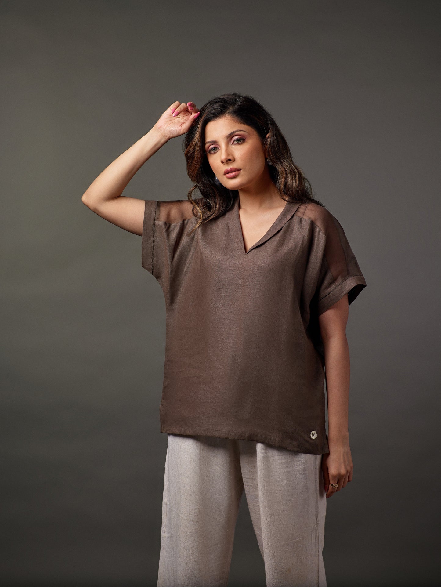 Linen Shawl Collar Top with Dolman Sleeve